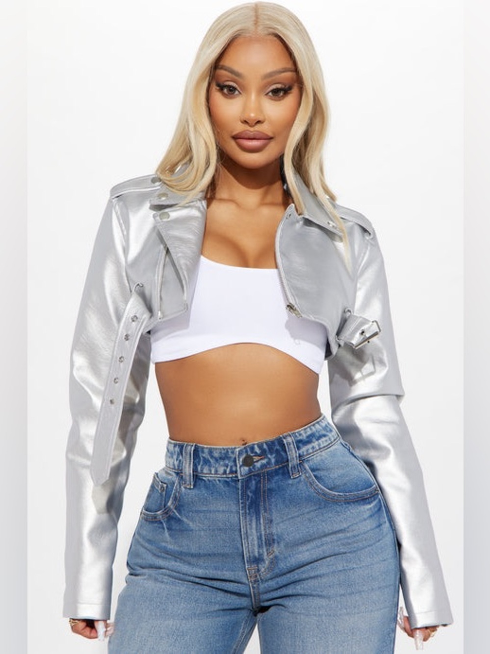 NWT Fashion Nova Pop It Crop It Faux Leather Silver Jacket